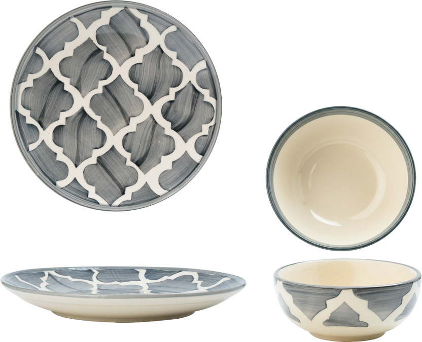 OICIA Pack of 4 Ceramic 4-Piece Ceramic Dinner Set, 2 Dinner Plate, 2 Vegetable Bowls, Plate & Bowls Dinner Set(Grey, Microwave Safe)