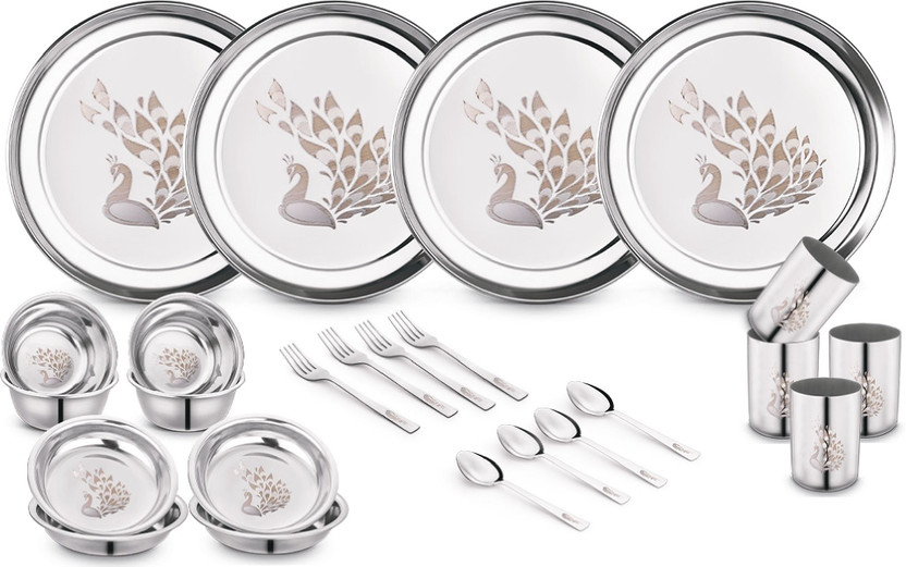 Classic Classic Essentials Pack of 24 Stainless Steel Dinner Set|Serves 4 People|Heavy Gauge|Kitchen Set|Permanent Laser-Peacock Dinner Set(Steel) - Flipkart Deal