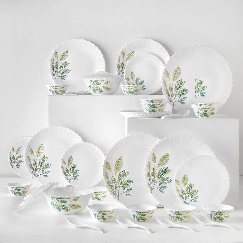 Larah by Borosil Pack of 34 Opalware Galaxy Fauna Crockey for Dining & Gifting, Plate & Bowl Dinner Set(Green, Microwave Safe)