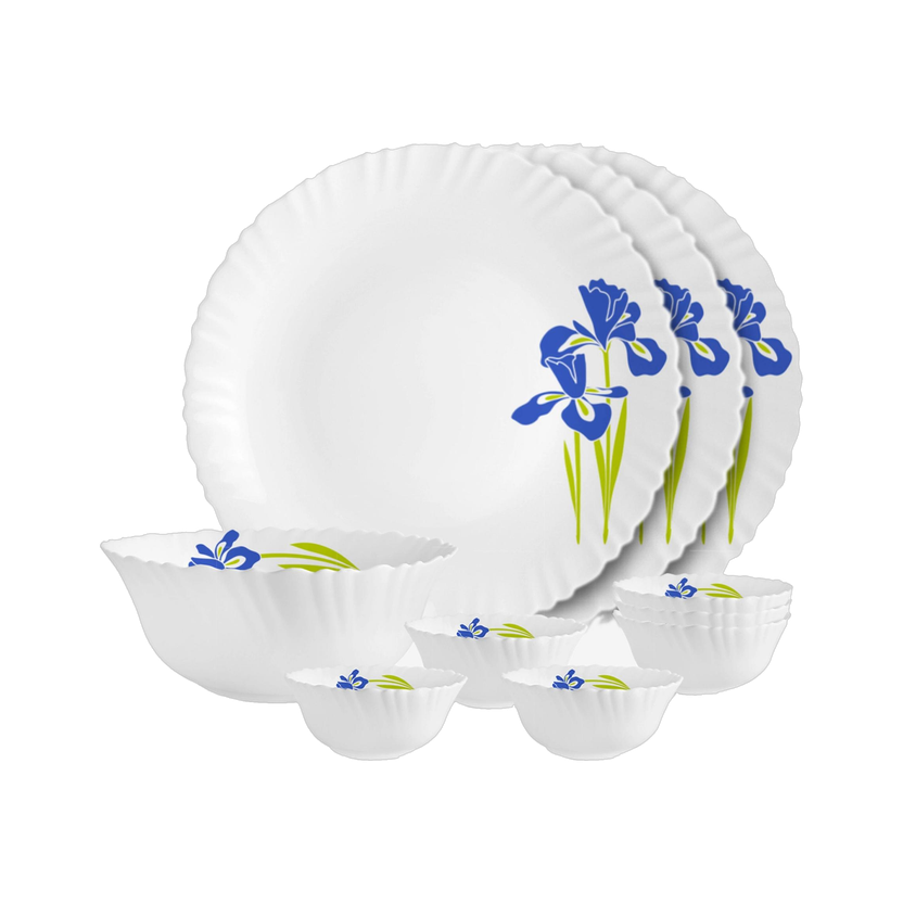 cello Pack of 10 Opalware Dazzle Opalware Blue Iris Dinner Set | Crockery Set | Blue Dinner Set Blue, White, Microwave Safe
