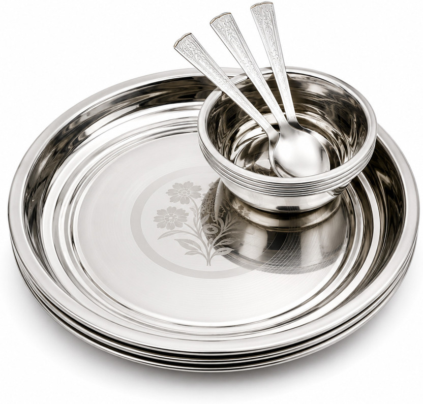 Jesal Pack of 9 Stainless Steel Dinner Set 3, Plate 3, Bowl 3, Spoon Dinner Set Dinner Set(Steel, Microwave Safe)