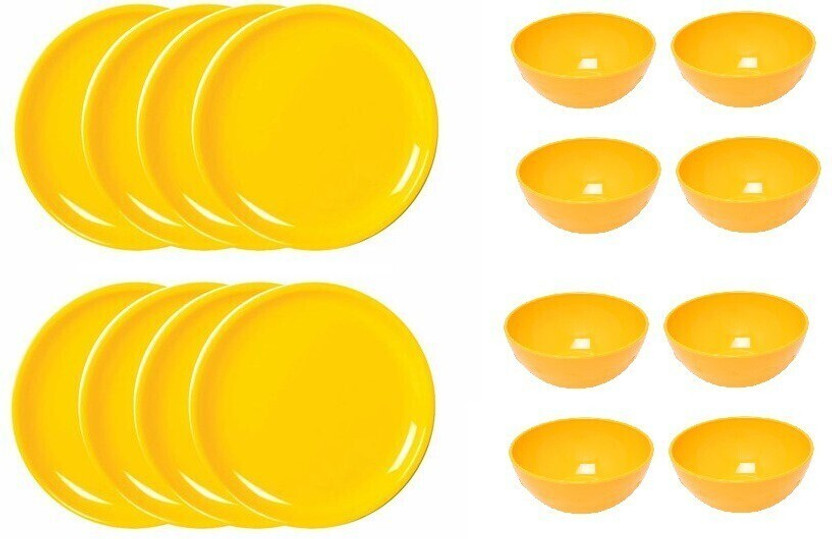 Everbuy Everbuy Pack of 16 Plastic Microwave Safe Dinner Set For Office Home party Restaurant Kitchen (8 Plates And 8 Bowls) plate Size 27 cm ,Bowl Capacity 250 ml YELLOW ,Made in india Dinner Set(Yellow, Microwave Safe) - Flipkart Deal
