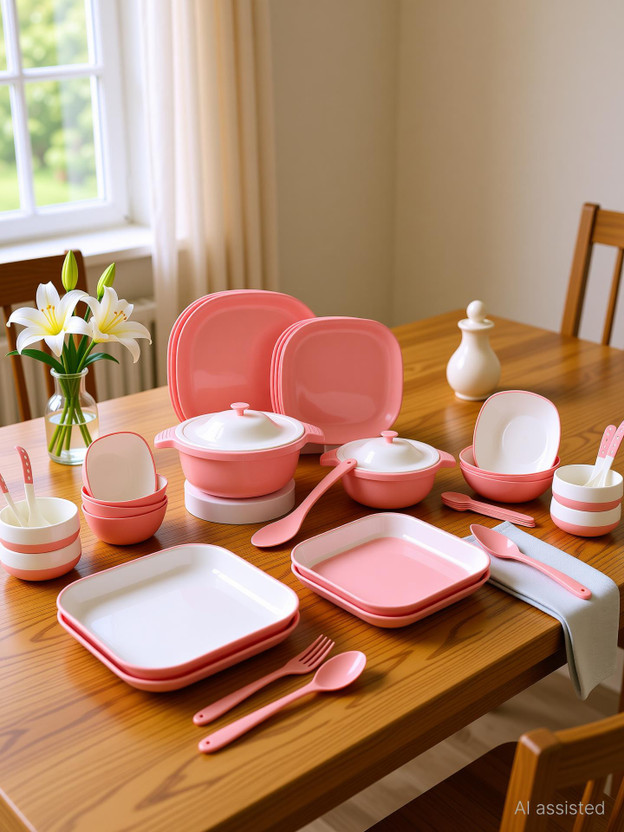 Lumiset Pack of 31 Plastic Premium lightweight and durable full dinner set| BPA Free | Dinner Set(Pink, Microwave Safe)