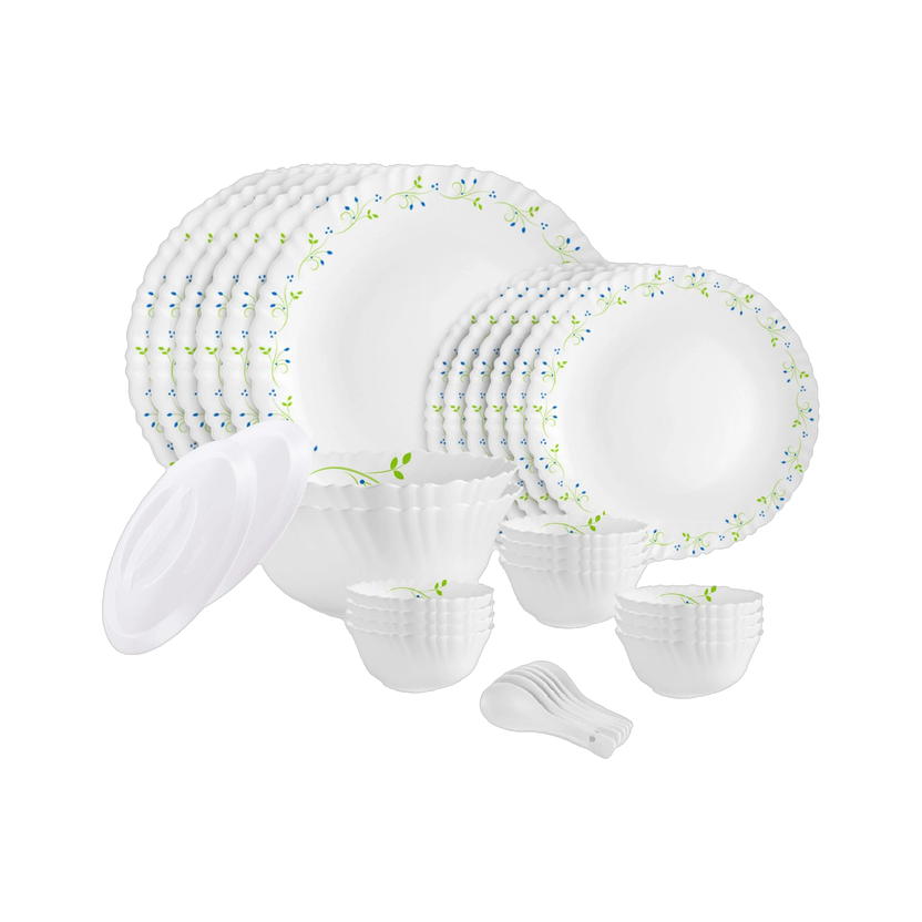 cello Pack of 34 Opalware Dazzle Opalware Tropical Lagoon Dinner Set |Crockery Set |White Dinner Set(Green, White, Microwave Safe)