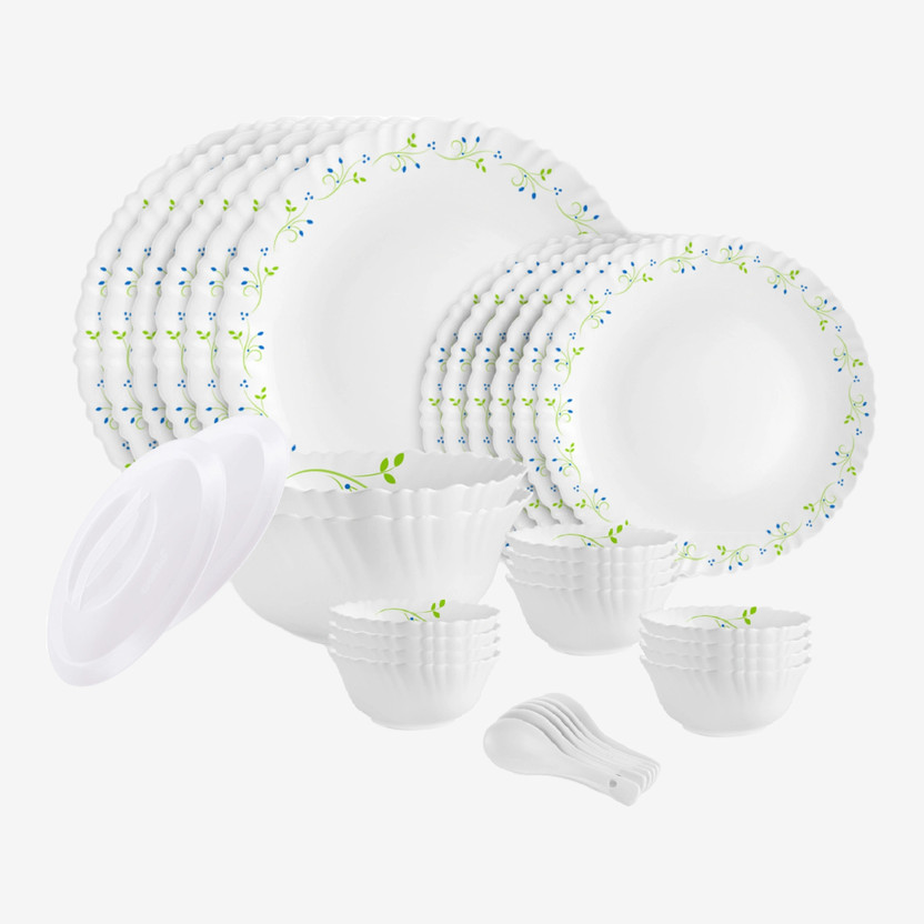 cello Pack of 34 Opalware Dazzle Opalware Tropical Lagoon Dinner Set |Crockery Set |White Dinner Set(Green, White, Microwave Safe)