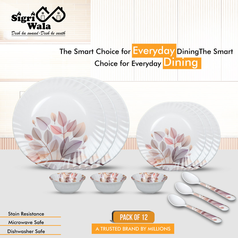 Sigri-wala Pack of 12 Melamin Dinner Set(Beige, White)
