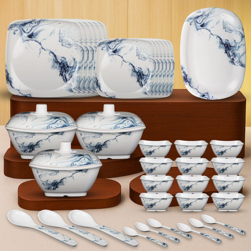Sigri-wala Pack of 40 Melamin Dinner Set(White, Blue)