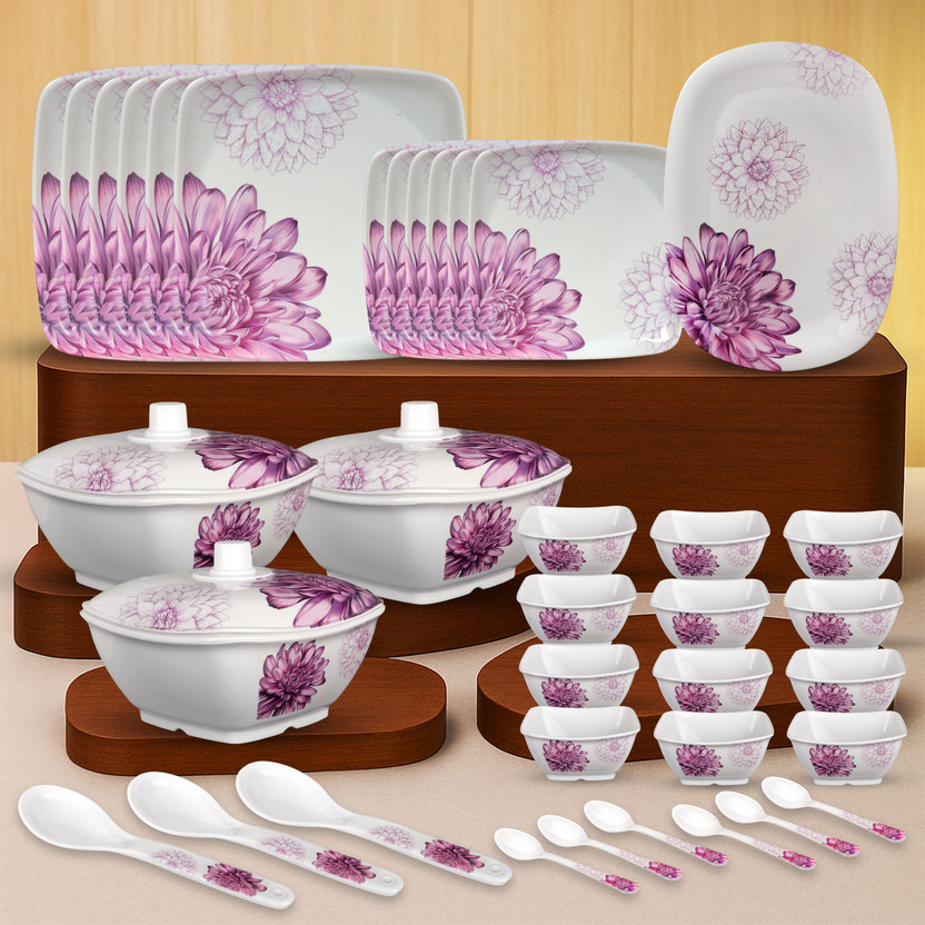 Sigri-wala Pack of 40 Melamin Pink White Dinner Set(White, Pink)