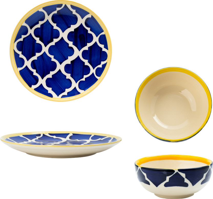 OICIA Pack of 4 Ceramic Ceramic Dinnerware Set, Breakfast Plates, Mini Bowl, Ceramic Bowl & Plate Set Dinner Set(Blue, Microwave Safe)