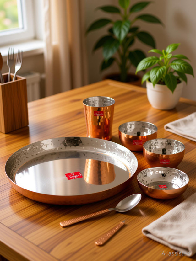 Maahavira Pack of 6 Stainless Steel Round Copper Hammered Finish Dinner Sets Used for Home & Restaurant Dinner Set(Gold)
