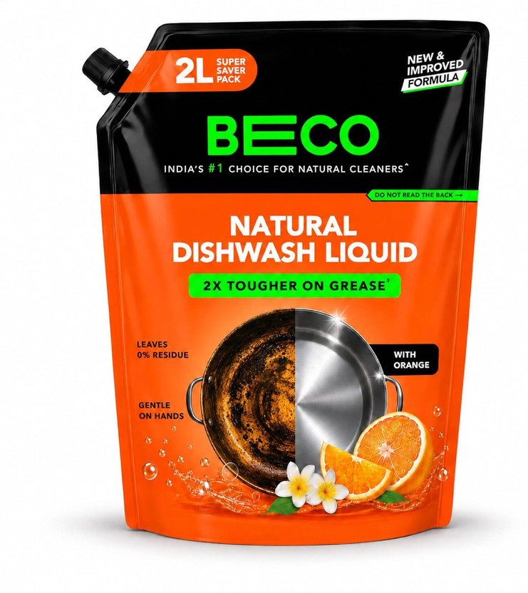 Beco Dishwash Liquid |Orangey Freshness| Tough Grease removal formula| Ecofriendly Dish Cleaning Gel(Orange & Frangipani, 2000 ml)