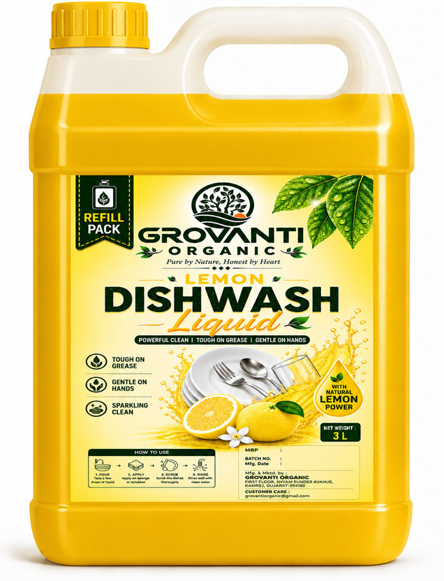 GROVANTI ORGANIC Ultra Lemon Dishwash Liquid Dish Cleaning Gel Dish Cleaning Gel(Lemon, 3 L)