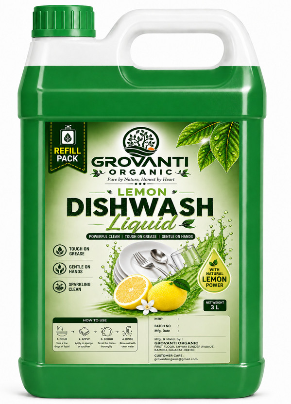 GROVANTI GROVANTI ORGANIC Dishwash Liquid , Powerful Grease Remover, Gentle on Hands Dish Cleaning Gel(lime, 3 L) - Flipkart Deal