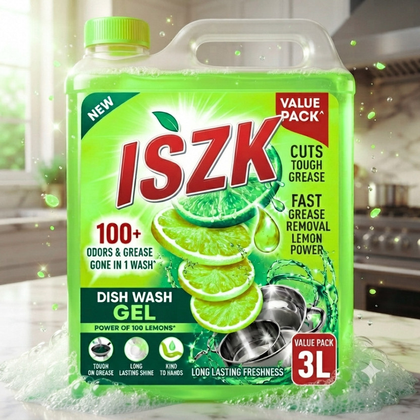 ISZK Dish Wash Liquid 3L Super Glow Powerful Dish Wash Solution Dish Cleaning Gel(Green Lemon, 3 L)
