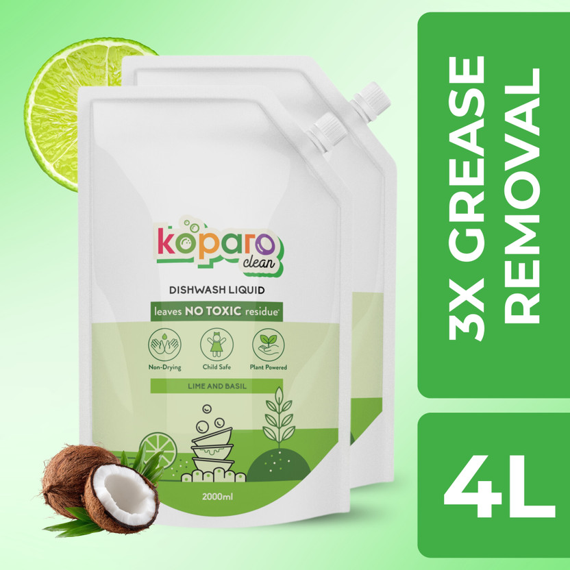Koparo Organic Dishwash Liquid | Natural & Non-Toxic | Soft on Hands | Baby & Pet Safe| Dish Cleaning Gel(Lime & Basil, 4 L)