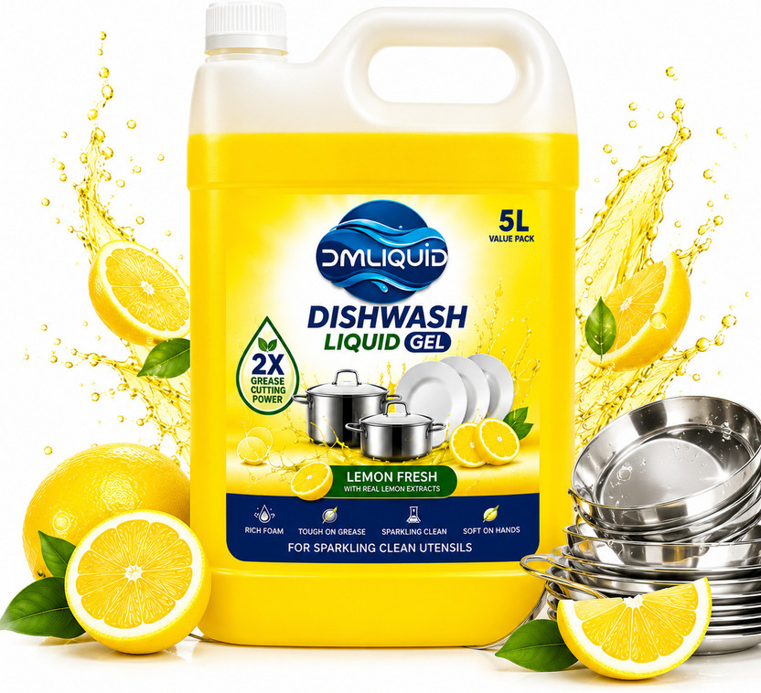 DM LIQUID Lemon Dishwash Liquid Gel 5L | 2X Grease Cutting Power | Skin Safe. Dish Cleaning Gel(LEMON, 5 L)