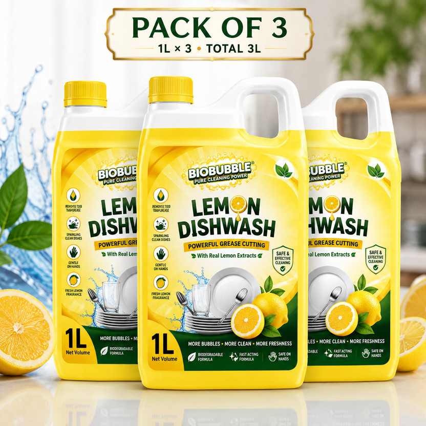 BioBubble Lemon Dishwash Liquid offers powerful grease-cutting cleaning Dish Cleaning Gel(LEMON, 3 x 1 L)