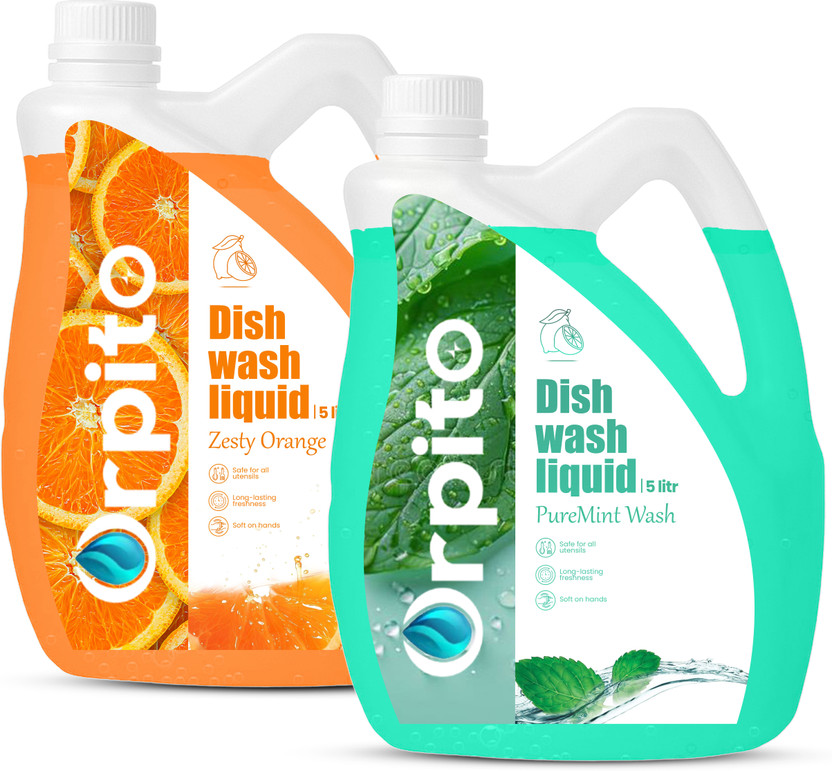 Orpito 10 Liter Family Pack Dish Wash Liquid - Long Lasting Monthly Supply Bulk Dish Cleaning Gel(Puremint Wash,Zesty Orange, 2 x 5 L)