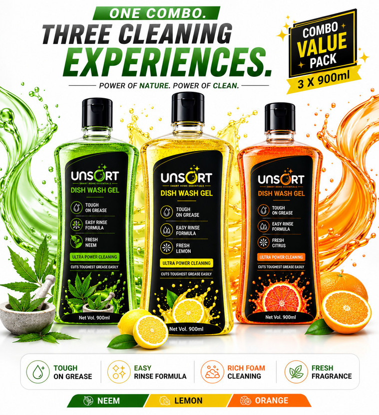 UNSORT Dishwash Liquid Combo Freshness Tough Grease removal formula Eco-friendly Dish Cleaning Gel(Neem-Lemon-Orange, 3 x 900 ml)