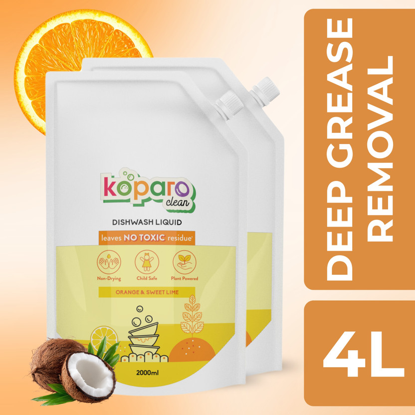 Koparo Organic Dishwash Liquid, Plant Based with Tea Tree Oil Germ Protection Dish Cleaning Gel(Orange & Sweet Lime, 4 L)