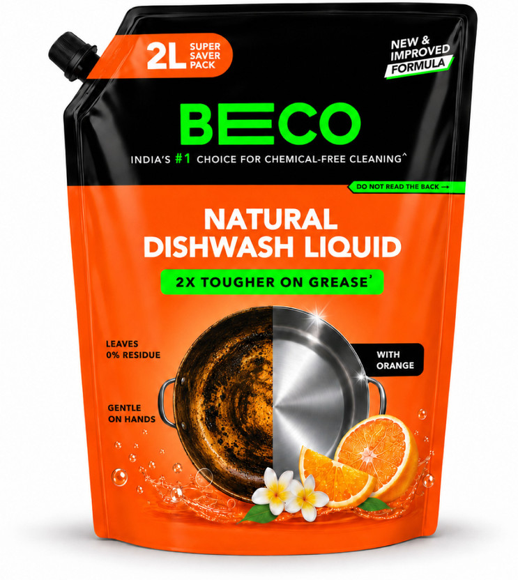 Beco Dishwash Liquid |Orangey Freshness| Tough Grease removal formula| Ecofriendly Dish Cleaning Gel(Orange & Frangipani, 2000 ml)