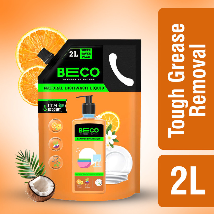 Beco Dishwash Liquid |Orangey Freshness| Tough Grease removal formula| Ecofriendly Dish Cleaning Gel(Orange & Frangipani, 2000 ml)