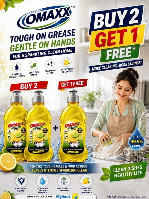 omaxx omaxx Dishwash Liquid Gel with Power of Lemons Buy 2 Get 1 Free Dish Cleaning Gel(Lemons, 3 x 250 ml) - Flipkart Deal