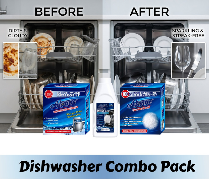 ATOMIC Dishwasher Combo Pack (Detergent, Salt and Rinse Aid) Dishwashing Detergent(2.4 kg)