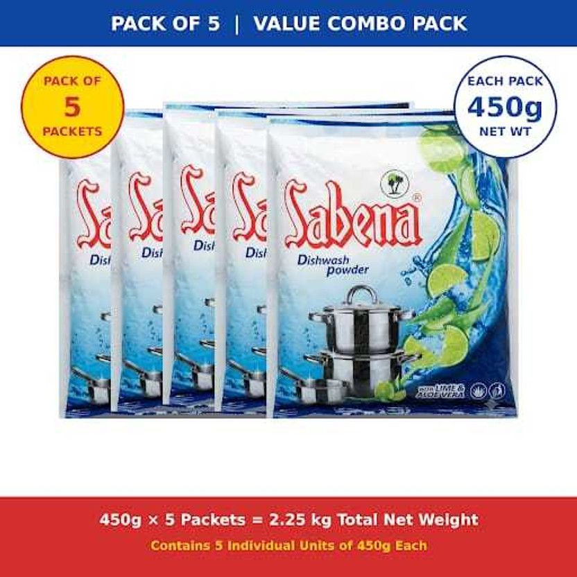sabena Dishwash Powder With Lime And Aloe Vera pack of 5 450g*5 Dishwashing Detergent(2.25 kg)