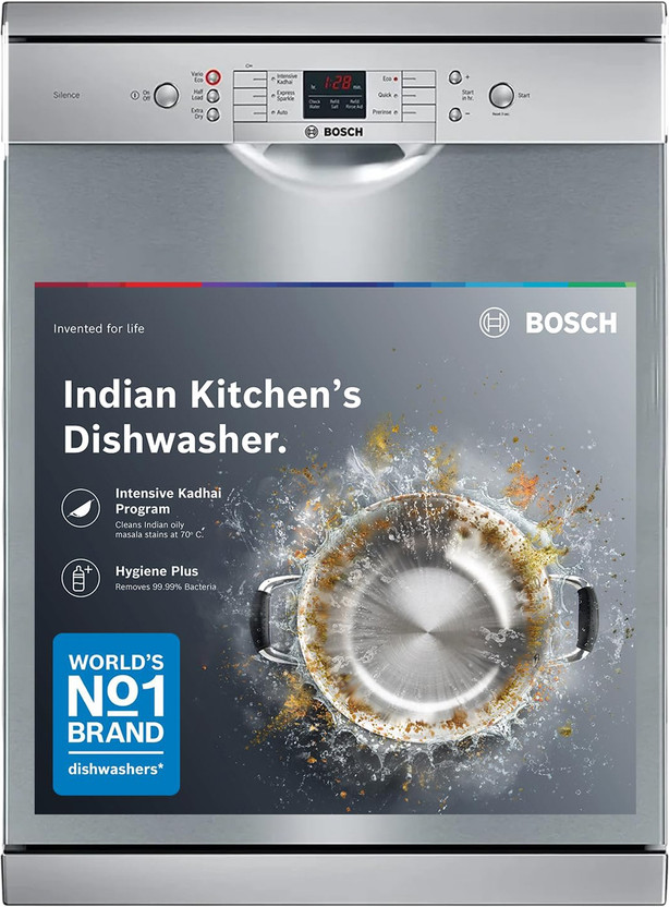BOSCH SMS66GI01I Free Standing 13 Place Settings Intensive Kadhai Cleaning| No Pre-rinse Required Dishwasher