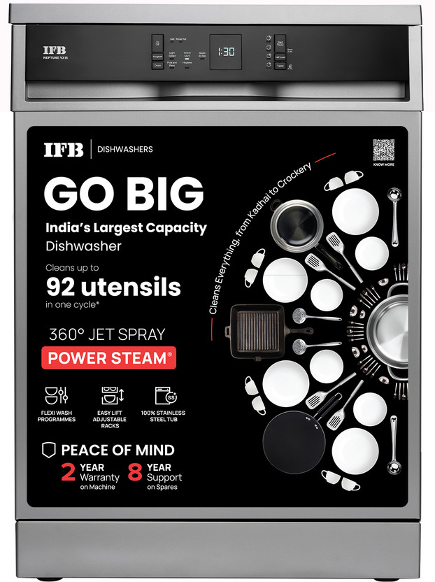 IFB Neptune VX15 Free Standing 15 Place Settings Cleans Kadhai to Crockery with 70 Degree Hot Water Wash, 360 Degree Spray Arm, Hygienic Steam Drying, DeepClean Powered by Ai Dishwasher