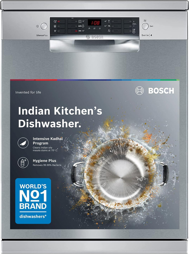 BOSCH SMS46KI03I Free Standing 15 Place Settings Intensive Kadhai Cleaning| No Pre-rinse Required Dishwasher