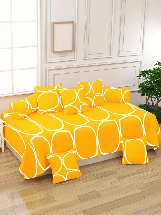 Rabhnoor Polycotton Geometric Diwan Set(Yellow)