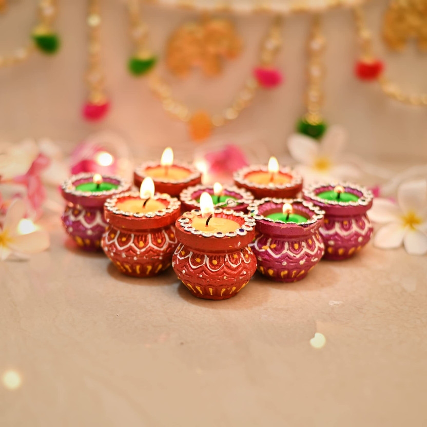 Collectible India Matki Gift Candles Set Diwali Decoration Items for Home Decor Wax Clay Terracotta (Pack of 8) Table Diya Set(Height: 1.5 inch)