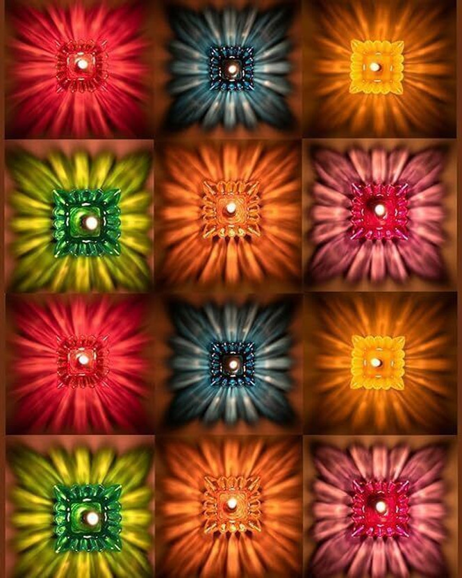 LeafBlu 3D Reflection Designer Reusable Multi Shape Transparent Oil Diya for Diwali Plastic (Pack of 12) Table Diya(Height: 1.5 inch)