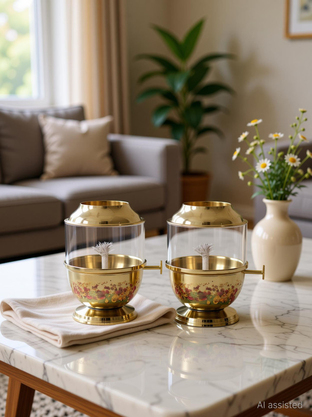 BSFA Adjustable Akhand Deep Capacity 250 ml 48-Hour Burn Time for Prayer & Meditation Brass, Borosilicate Glass (Pack of 2) Table Diya Set(Height: 33 inch)