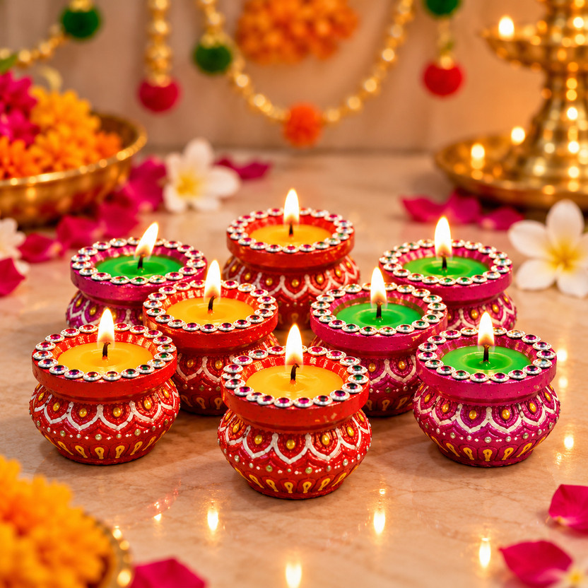 Collectible India Matki Gift Candles Set Diwali Decoration Items for Home Decor Wax Clay Terracotta (Pack of 8) Table Diya Set(Height: 1.5 inch)