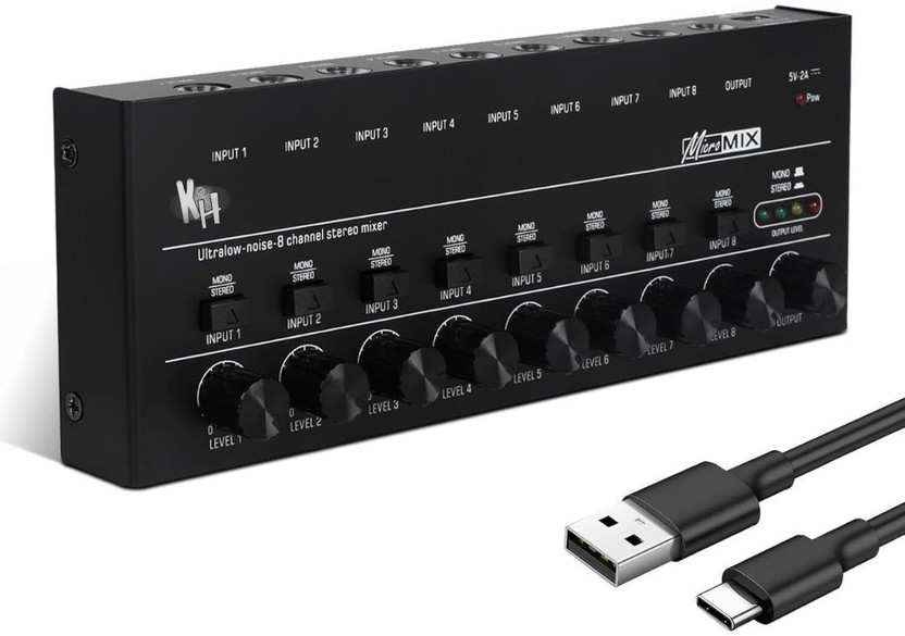 KH 8 Channel Line Mixer Ultra Low Noise Compact Audio Mixer with Type C 5V Power Wired DJ Controller