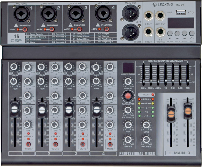 KH 4 Channel Professional Audio Mixer built-in EQ/16DSP/recording Bluetooth Wired DJ Controller