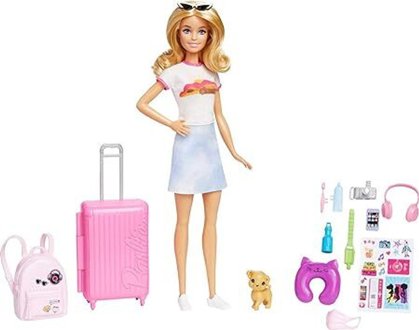 BARBIE Malibu Travel Set With Puppy Doll And Accessories For Kids Ages 3+(Multicolor)
