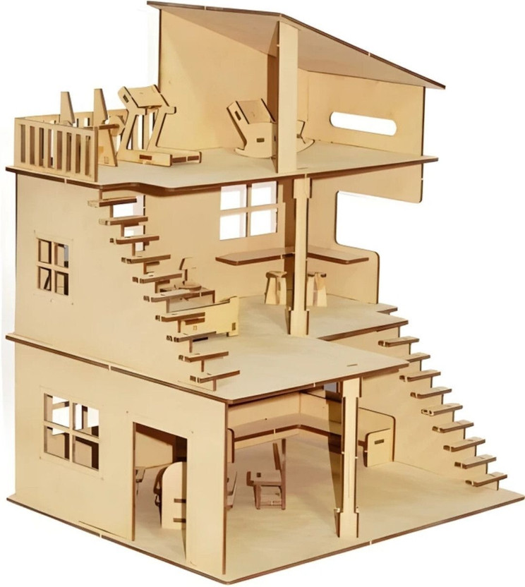 clt Wooden Doll House for Girls And Boys with Furniture, Dollhouse (85 Pieces)(Brown)