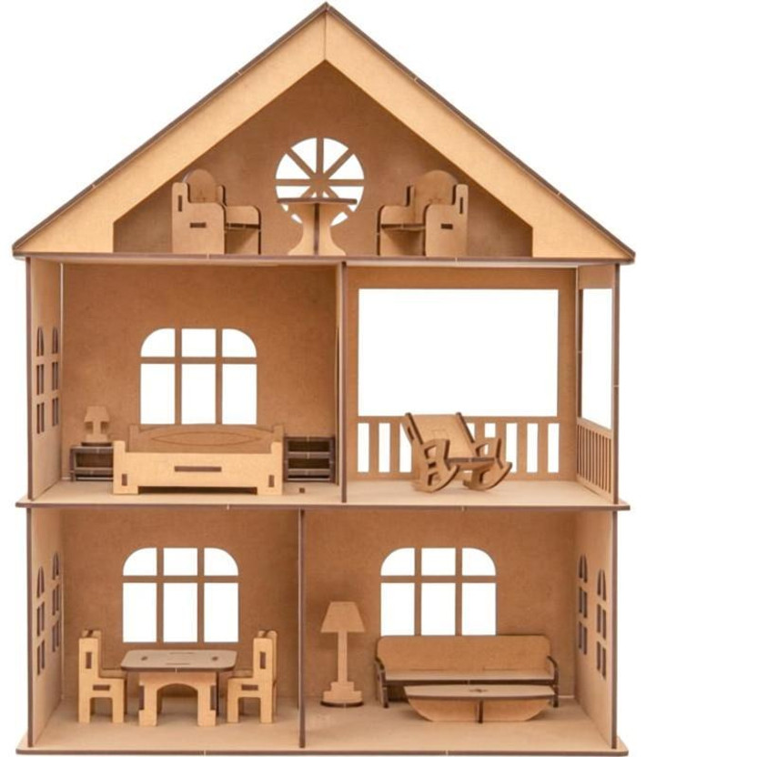 clt Premium Wooden Dollhouse House Miniature Puzzle with Furniture Set(Brown)