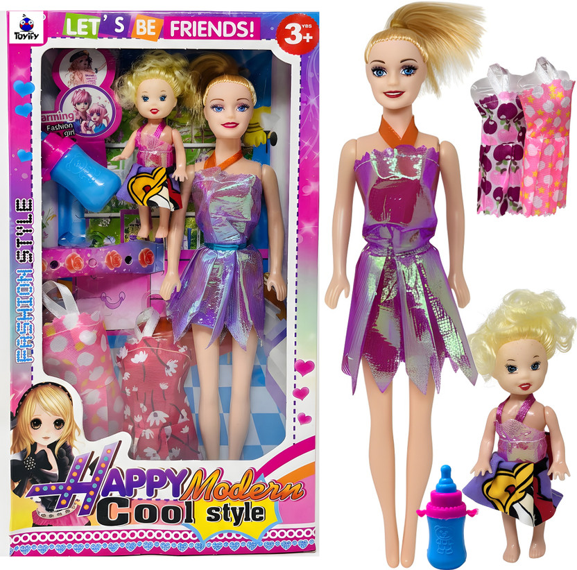 Toyify Toys For Girl 2 Dolls Set with Feeding Bottle and 2 Dresses | Dolls For Girls(Multicolor)