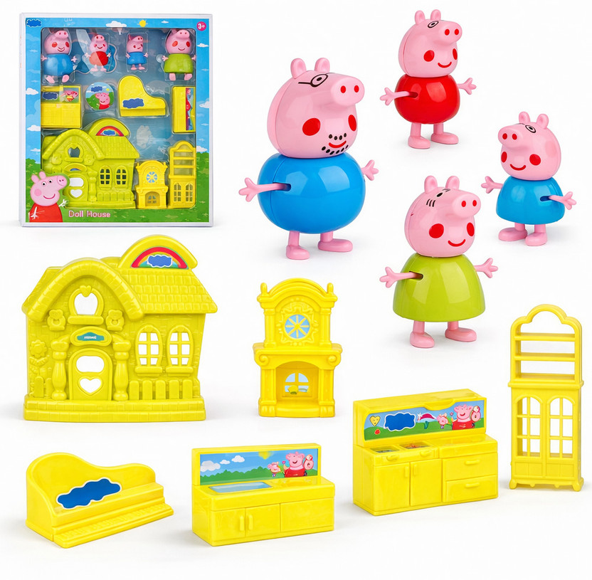 Prikuna Peppa Pig Kids Doll House Playset with Family Figures & Furniture Set(Multicolor)