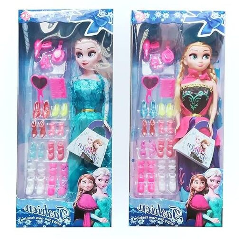 SHASHIKIRAN Frozen Anna elsa Doll Set with Baby Doll and Dresses and Accessories pack of 2(Blue, Pink)