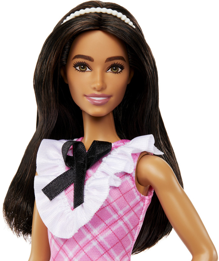 BARBIE Fashionistas Doll #209 with Black Hair Wearing a Pink Plaid Dress & Accessories(Multicolor)