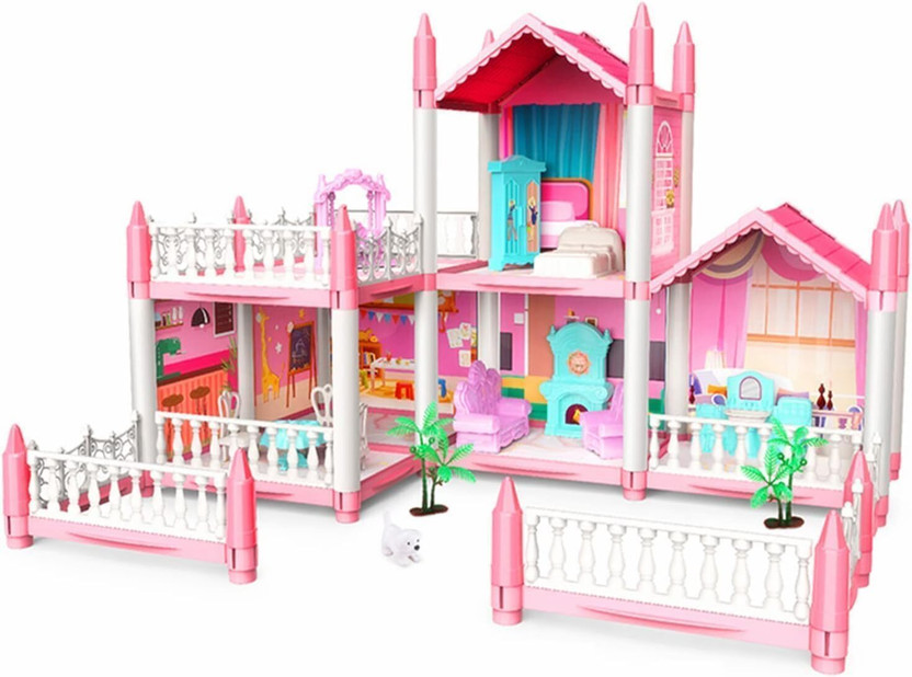 Toyrama Five Rooms Doll Villa House Playset for Girls | Large Pink Dollhouse(Multicolor)