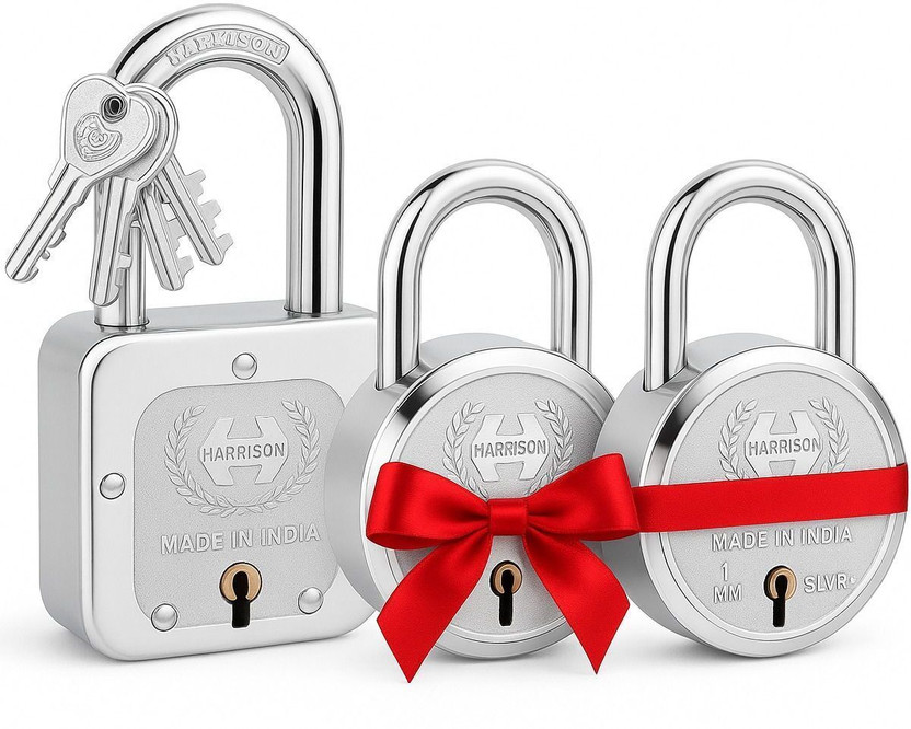HARRISON Padlocks Buy 1 Get 2 Free | 1 Square Lock 55mm with 2 Lock 50mm | Lock and Key | Padlock(Bright Chrome Plated Finish)