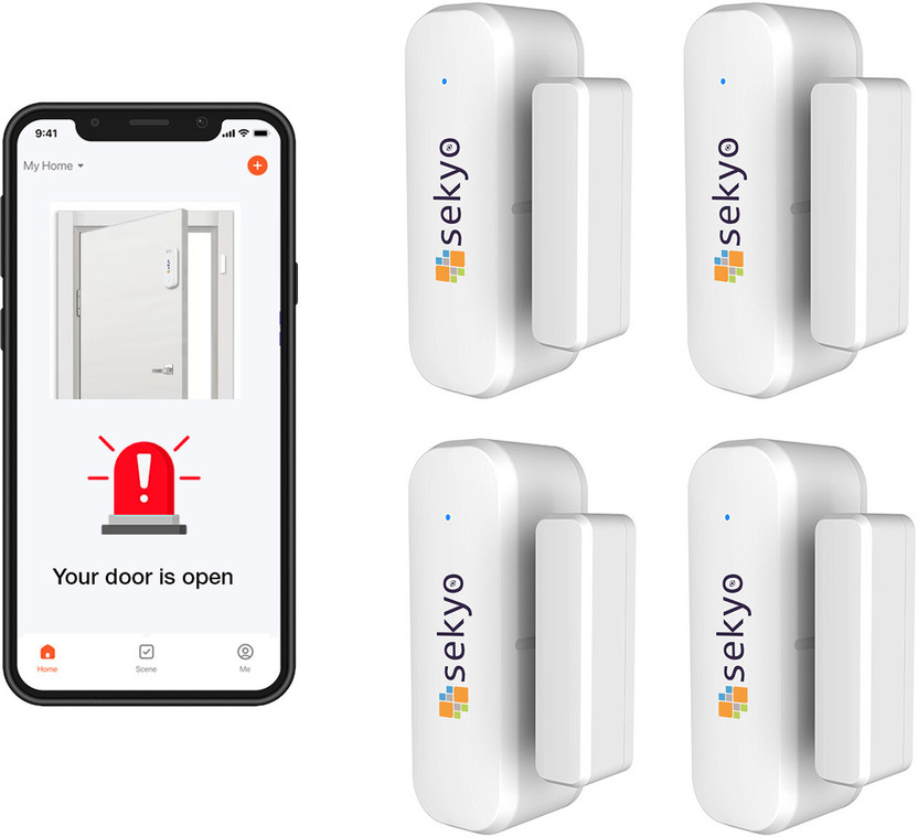 Sekyo Sensor Alarm for Home| Magnetic Wireless Door Open| Alarm Security System| Window Door Window Alarm(Pack of 4) Real-time Alert| WiFi Required | App Control | Easy Installation)