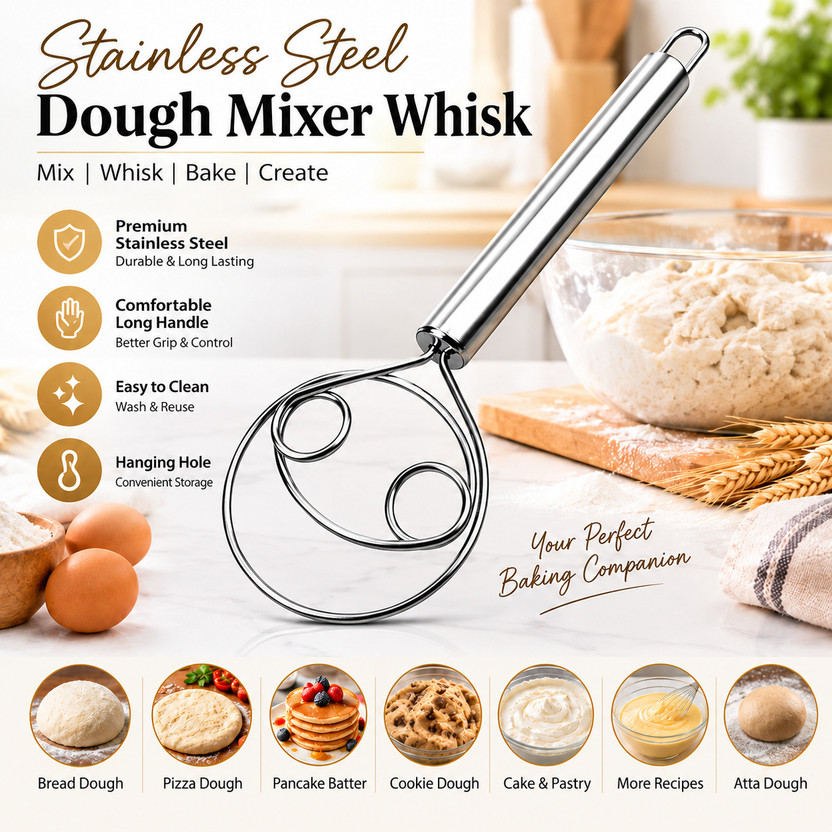 MAADHARI Stainless Steel Dough Mixer Whisk for Atta, Bread, Pizza & Batter Mixing Stainless Steel Vertical Dough Maker(Silver)
